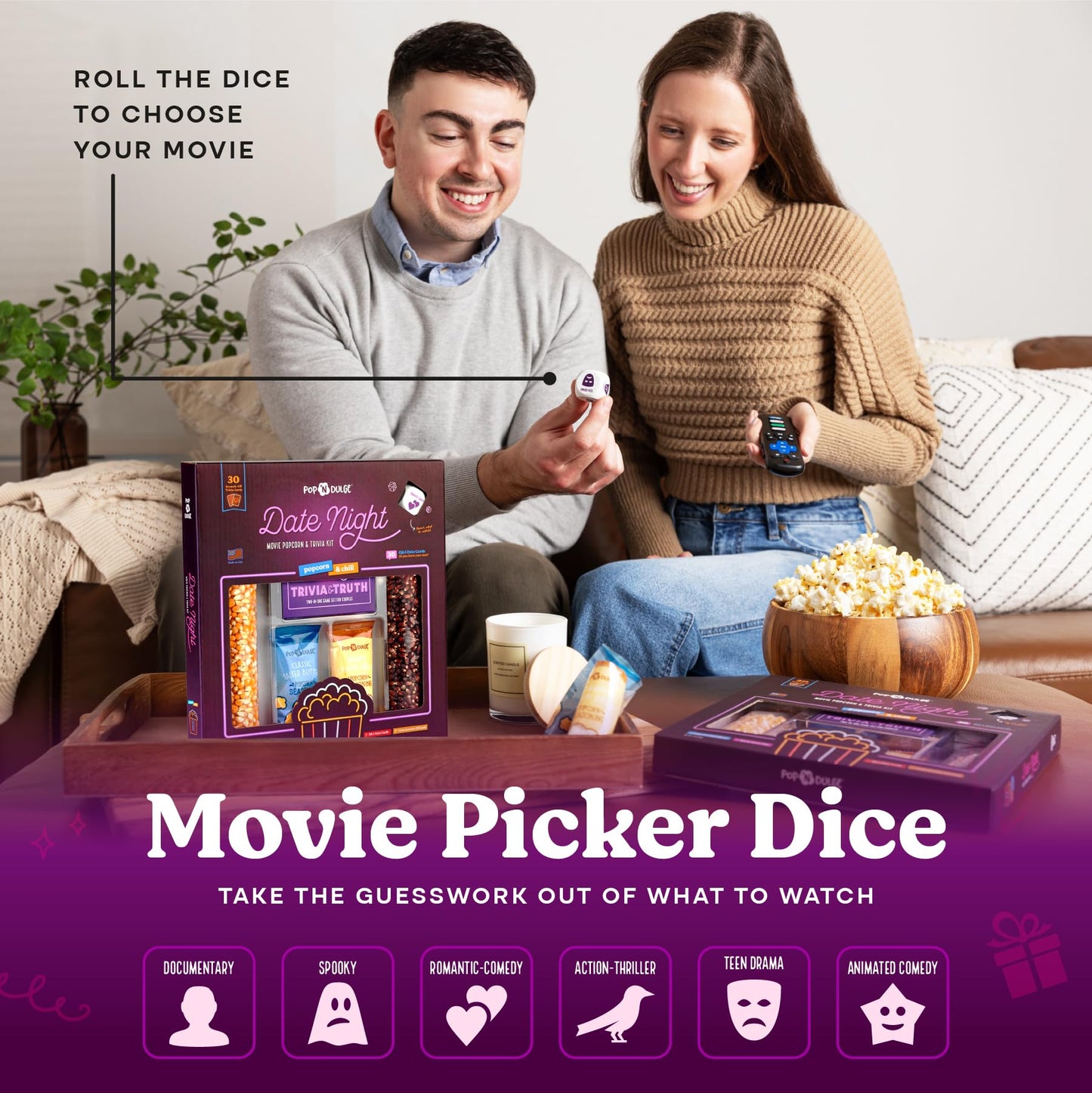 Couples Gift Set, Date Night Scratch Off Cards, Popcorn Gift Set & Movie Night Trivia Dice Game, Anniversary, Couples Gifts for Him and Her, 30 Cards, Gourmet Popcorn Kernels And Popcorn Seasoning Kit
