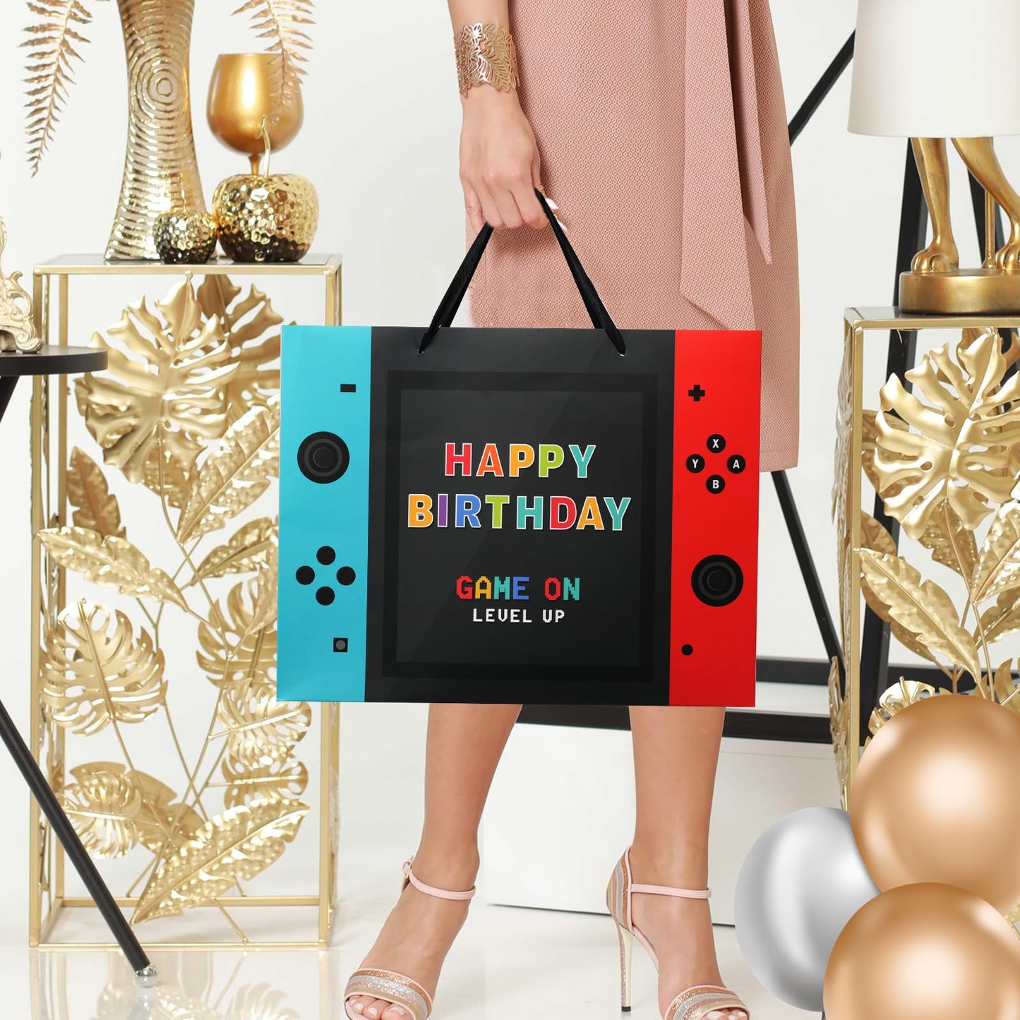 JOARHONAL Video Game Birthday Gift Bag - 13" Large Happy Birthday Gift Bag with Tissue Paper and Card for Boys Kids Video Game Birthday Party Supplies