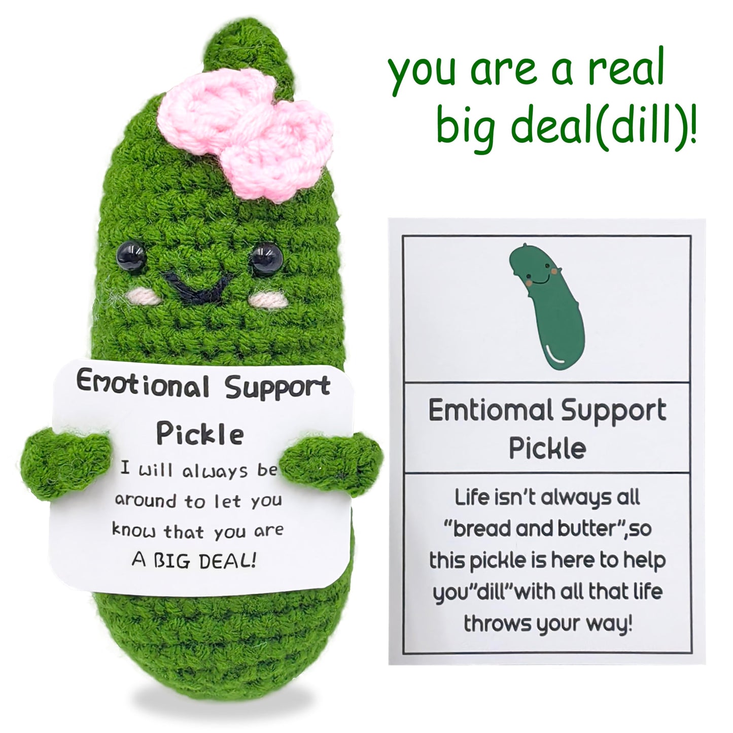 Emotional Encouraging Pickle,Funny Pickle with Support Card,Cute Knitted Crochet Dolls Soft Plush for Friend Gifts (Pickle)