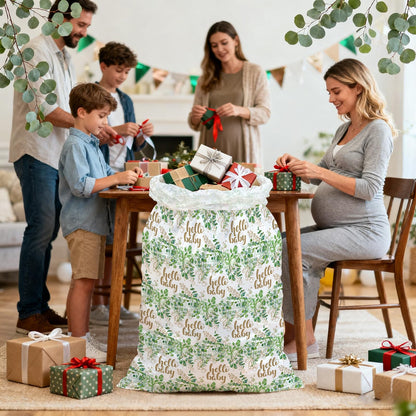 WRAPAHOLIC 56" Extra Large Neutral Baby Plastic Gift Bag - Eucalyptus Leaves Jumbo Bike Bag Gift Wrap for Baby Shower Favors Holiday - 56" H x 36" W