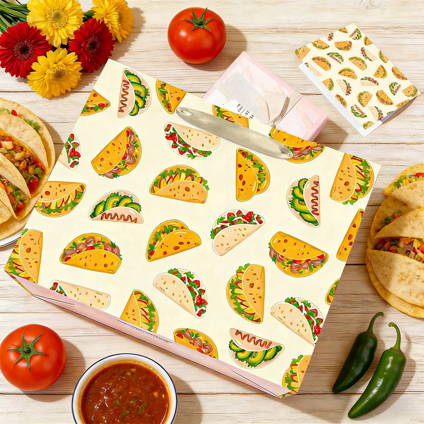 Peconal Taco Gift Bag Taco Mexican Fiesta Gift Wrapping Paper Bag with Handle Greeting Card Tissue Paper Mexican Food Party Favors Bag for Boys Girls Birthday Taco Tuesday Party Supplies Decorations
