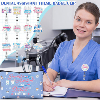 24 Pcs Dental Assistant Appreciation Gifts Bulk 12 Makeup Bag 12 Retractable Badge Reels Toothbrush Tooth Medical Gift for Dentist Hygienist Student Assistant