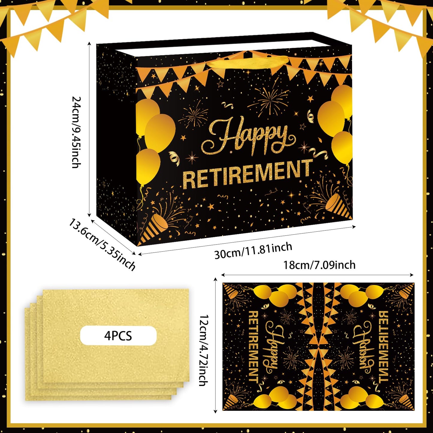 Abilat Happy Retirement Gift Bag with Tissue Paper and Greeting Card Large Black Gold Retirement Party Favor Wrapping Bag for Men Women Coworkers Farewell Going Away Party Supplies