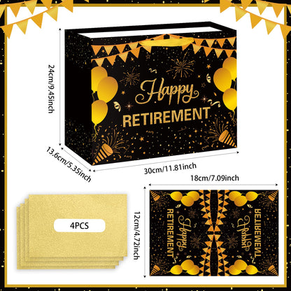 Abilat Happy Retirement Gift Bag with Tissue Paper and Greeting Card Large Black Gold Retirement Party Favor Wrapping Bag for Men Women Coworkers Farewell Going Away Party Supplies