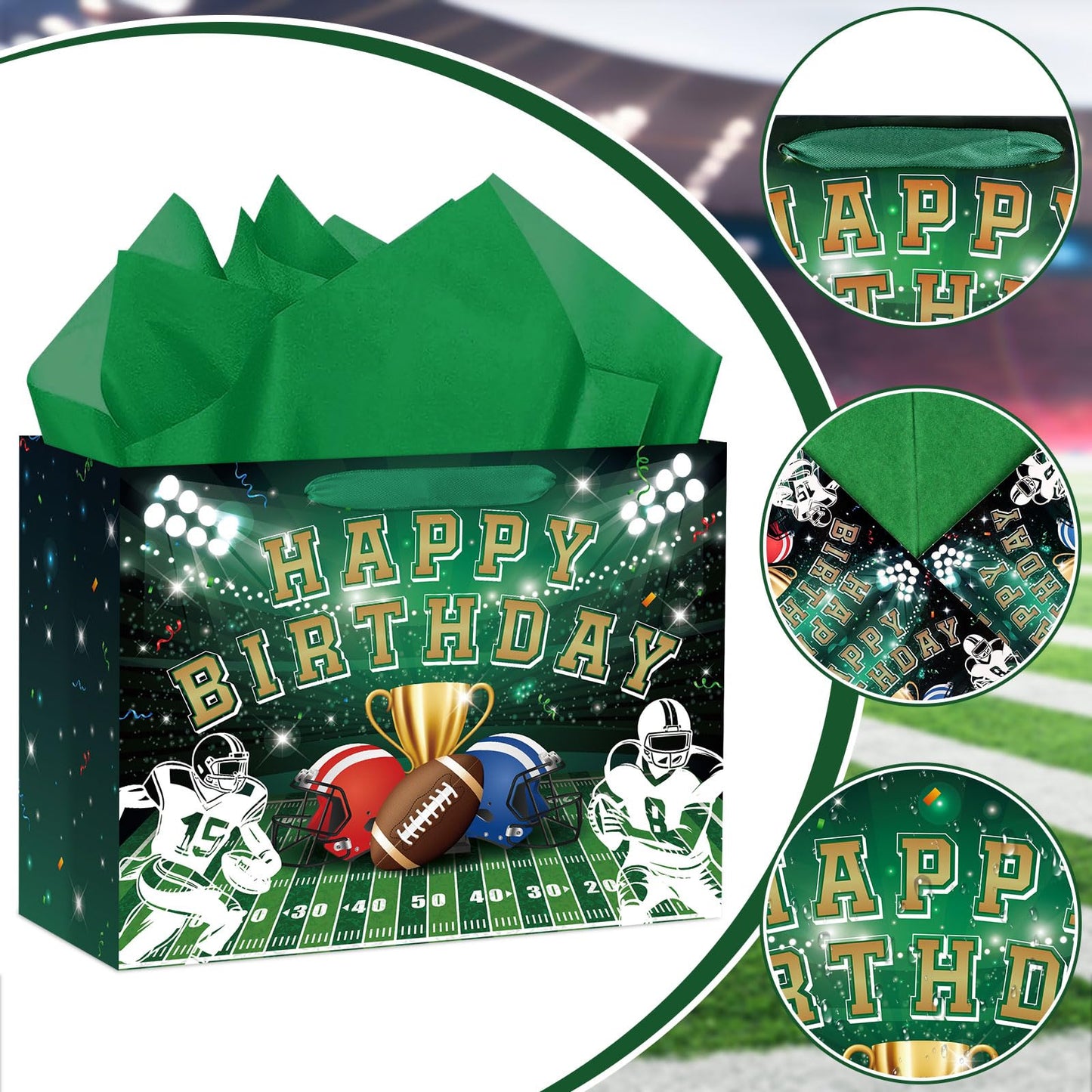 Hooqict Large Football Gift Bag with Handles, Tissue Paper and Greeting Card Football Birthday Party Gift Wrapping Bag for Boys Men Sport Themed Goodie Treat Party Favors