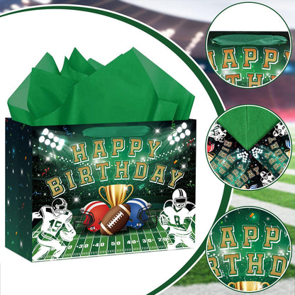 Hooqict Large Football Gift Bag with Handles, Tissue Paper and Greeting Card Football Birthday Party Gift Wrapping Bag for Boys Men Sport Themed Goodie Treat Party Favors