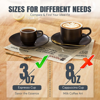 Lareina 3-Ounce Espresso Cups Set of 4, Small Stackable Coffee Cups with Saucers, Spoons and Metal Stand, Ceramic Demitasse Mugs, Espresso Accessories for Machine, Black