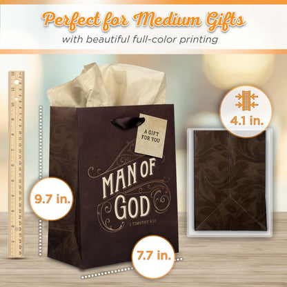 Christian Art Gifts Medium Portrait Gift Bag & Tissue Set for Men: Man of God Inspirational Scripture, Satin Handles, Brown & Gold