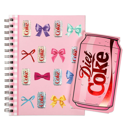 CrownJewlz Coca-Cola Diet Coke Spiral Journal with Folding Pocket Notepad, Bows and Glitter Can Pattern, Pink and Shiny Red Can, Cute Aesthetic for Travel, School, Office, and Daily Writing