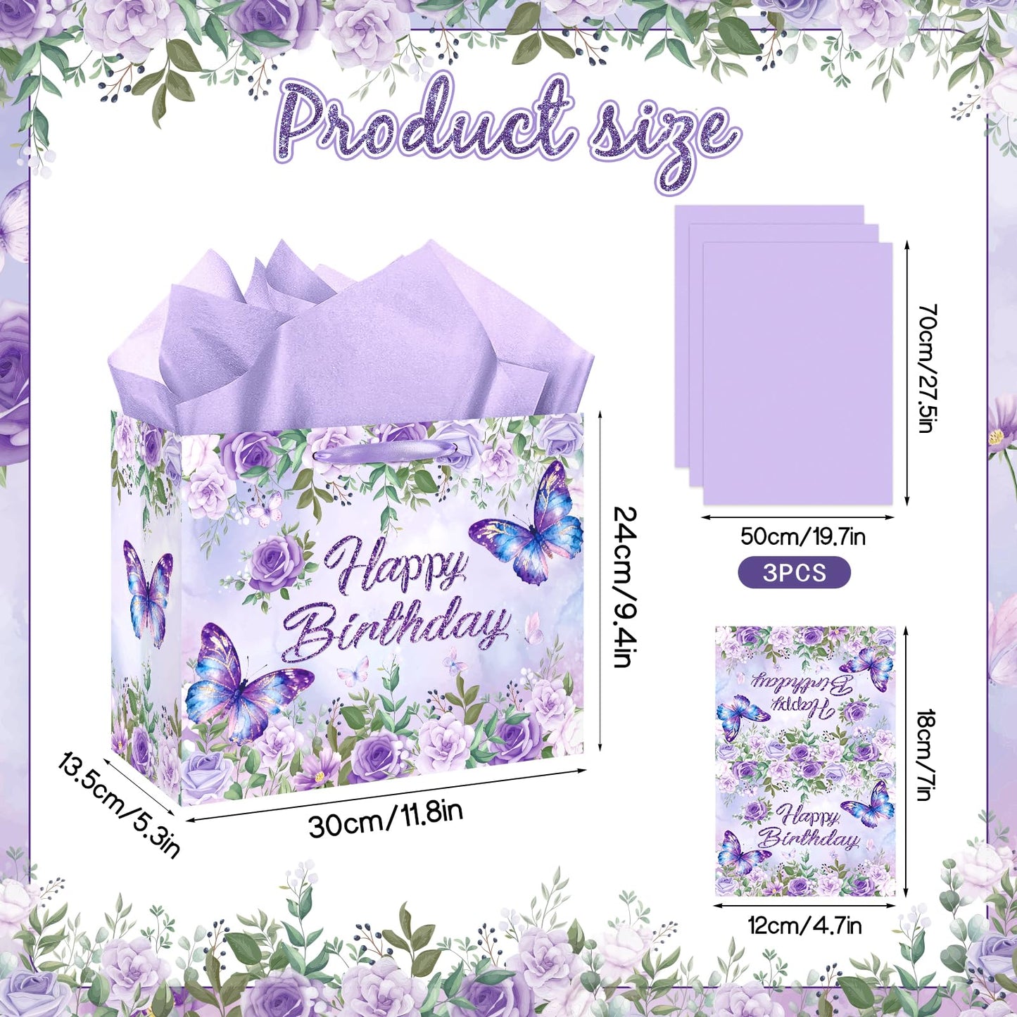 LUUFILx Butterfly Birthday Gift Bag for Girls Women Butterfly Flower Party Favor Bags with Wrapping Paper Card Purple Pink Floral Gift Bag for Baby Shower Birthday Decorations Party Supplies (Floral)