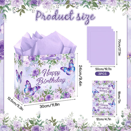 LUUFILx Butterfly Birthday Gift Bag for Girls Women Butterfly Flower Party Favor Bags with Wrapping Paper Card Purple Pink Floral Gift Bag for Baby Shower Birthday Decorations Party Supplies (Floral)