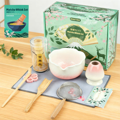 ENVTEK 8Pcs Matcha Whisk Set with Floral Ceramic Matcha Bowl, Wooden-Handled Sifter, Bamboo Whisk, Whisk Holder, Bamboo Scoop, Scoop Rest, Spoon, Tea Towel, Greeting card, Gift for Beginners