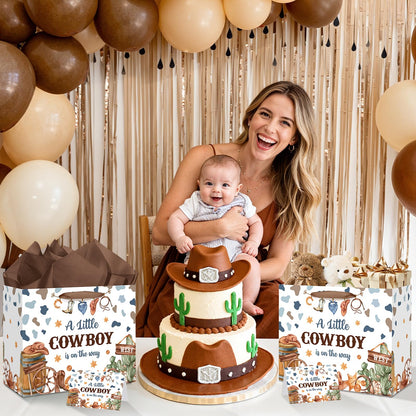 Frakron Cowboy Baby Shower Birthday Gift Bag for Baby Boys A Little Cowboy is On The Way Bag with Wrapping Paper Card Western Rodeo Gift Bag for Wild West Baby Shower Birthday Party Supplies