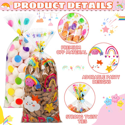 50PCS Rainbow Cellophane Treat Bags: Clear Goodie Bags with 60 Twist Ties for Kids Birthday Party Favors Wrapping, Durable Clear Plastic Gift Bag for Candy Cookies Treat Classroom Return Gifts