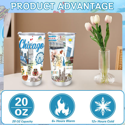 Keluna Chicago Souvenirs Gifts Tumbler - 20Oz Stainless Steel Chicago Travel Mug with Lids Straw Brush Insulated, City Travel Trip Birthday Christmas Mother's Day Gifts for Friends Familes Coworkers