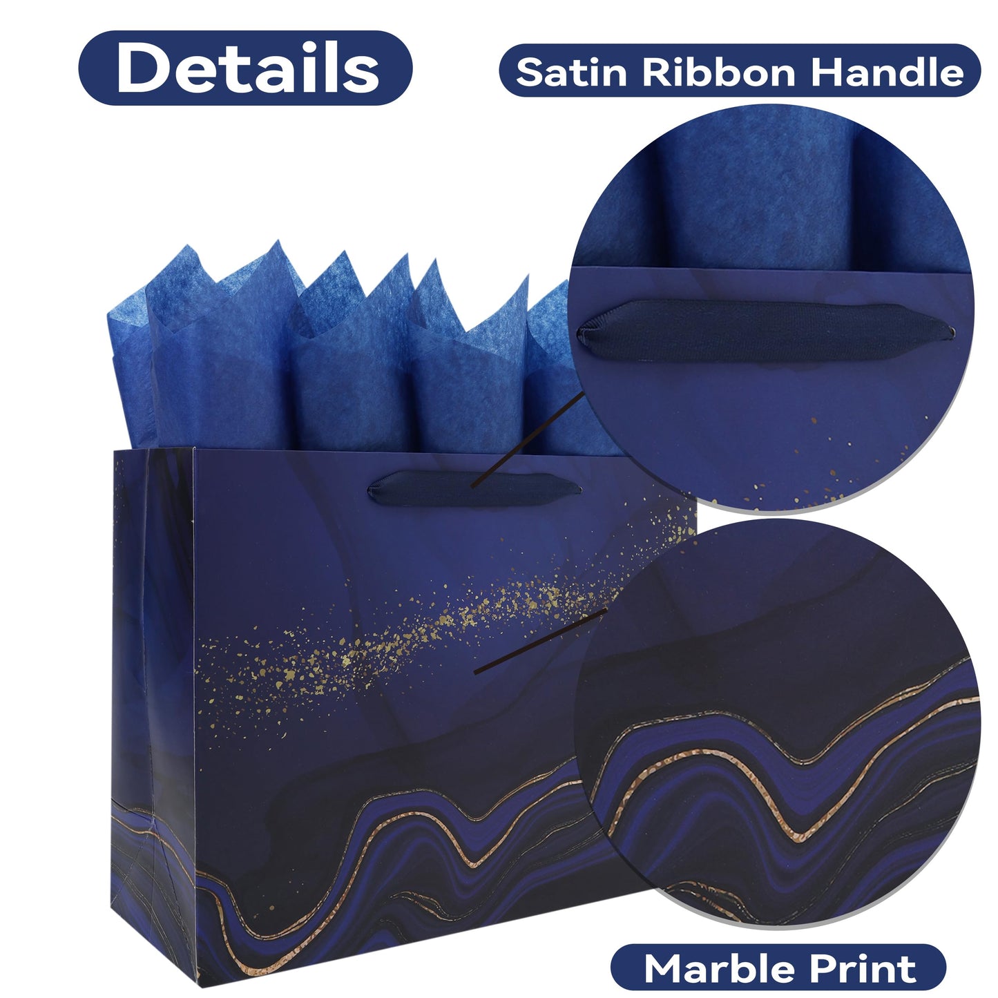 13'' Large Blue Marble Gift Bag Set with Handles, Greeting Card, Tissue Papers and Stickers for Men Boys Kids for Birthdays, Fathers Day, Graduations, Christmas, Baby Showers, Marble Design, 1 Pcs