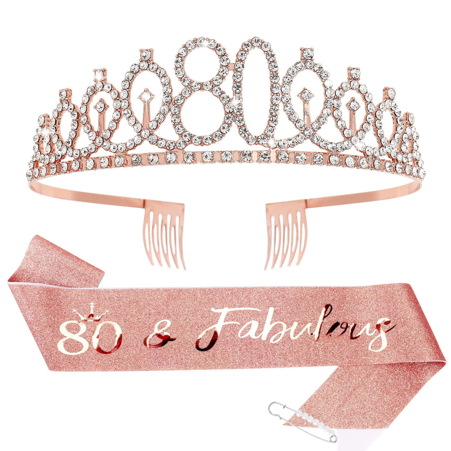 CIEHER 80th Birthday Crown + Sash + Pearl Pin Set, Elegant Gift for Women's 80th Birthday Party Decorations