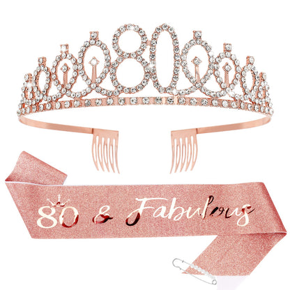 CIEHER 80th Birthday Crown + Sash + Pearl Pin Set, Elegant Gift for Women's 80th Birthday Party Decorations