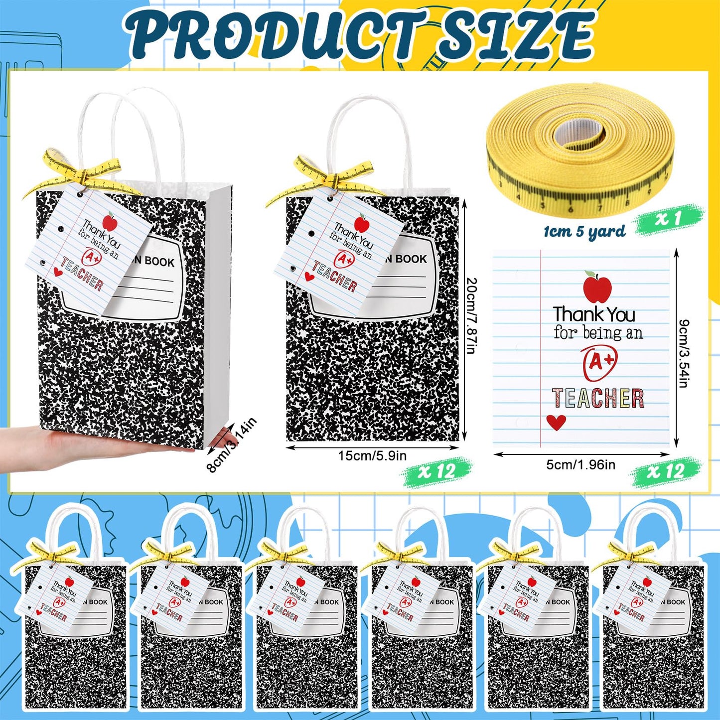 Gilprop 12 Pcs Teacher Appreciation Gift Bags with Paper Tag Thank You Teacher Gift Bags with Handle End of Year Gifts with Tape Measure Ribbon for Graduation Party Favor (Composition Book,Main black)