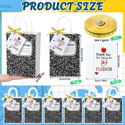 Gilprop 12 Pcs Teacher Appreciation Gift Bags with Paper Tag Thank You Teacher Gift Bags with Handle End of Year Gifts with Tape Measure Ribbon for Graduation Party Favor (Composition Book,Main black)