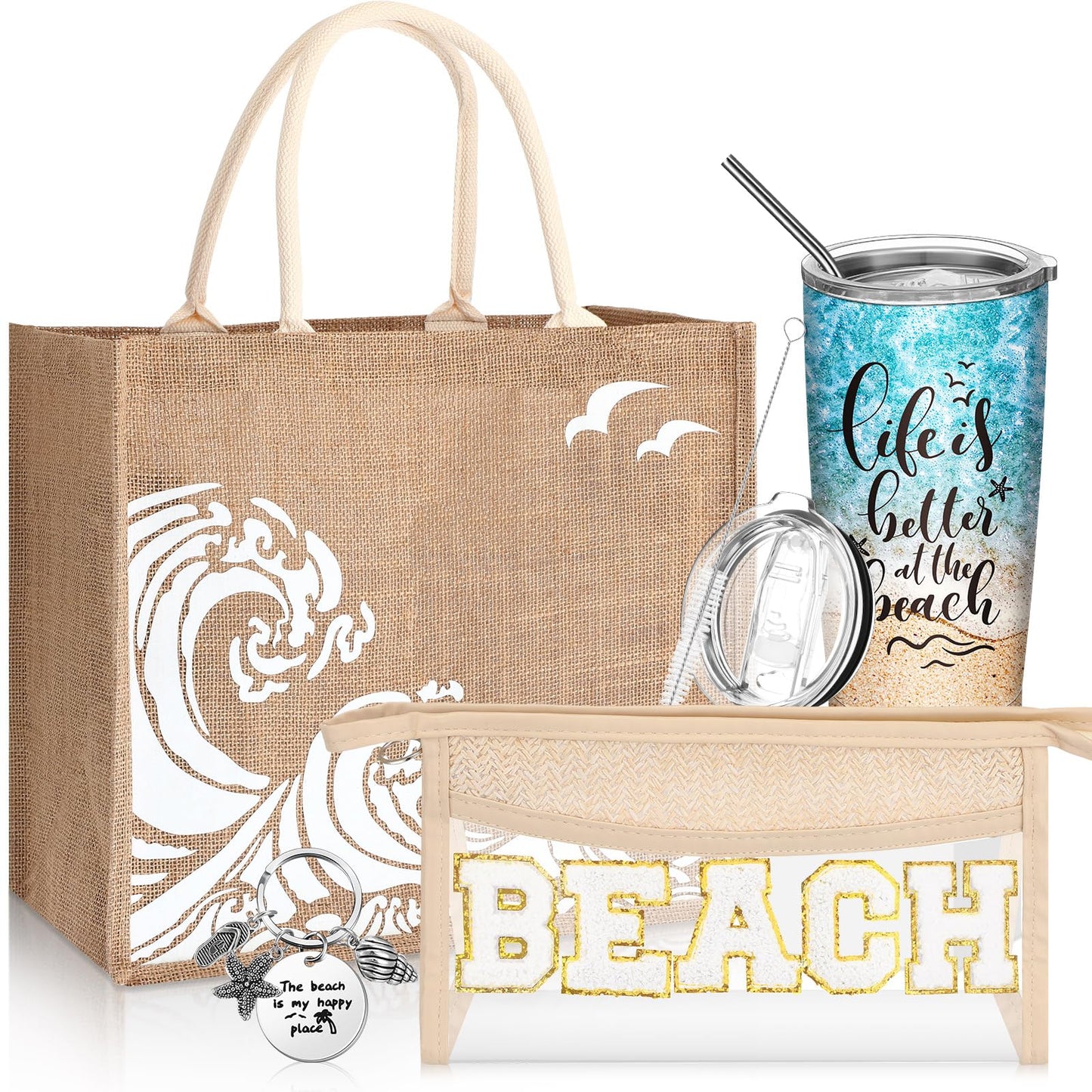 6 Pcs Beach Gifts for Women Set Beach Theme Gift Set Burlap Tote Bags Cosmetic Bag 20 oz Tumbler Keychain for Birthday Holiday Travel Wedding Bridal Shower Bride Bridesmaid Honeymoon(Classic)