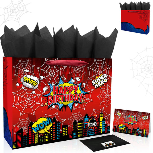 Caoekego 13" Large Spider Gift Bag (includes cards, colored paper, and stickers), Superhero Tote Gift Bag, Cartoon Spider Birthday Party Supplies