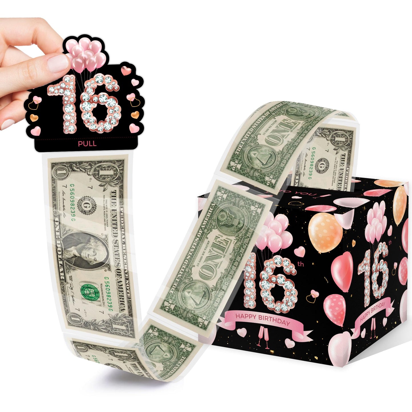 Happy 16th Birthday Money Box for Cash Gift, Pink Gold Surprise Birthday Gift Set, Birthday Surprise Box for Kids Boys Girls, - Fun and Loving Way to Offer Cash Gift(with 35PCS Bags)