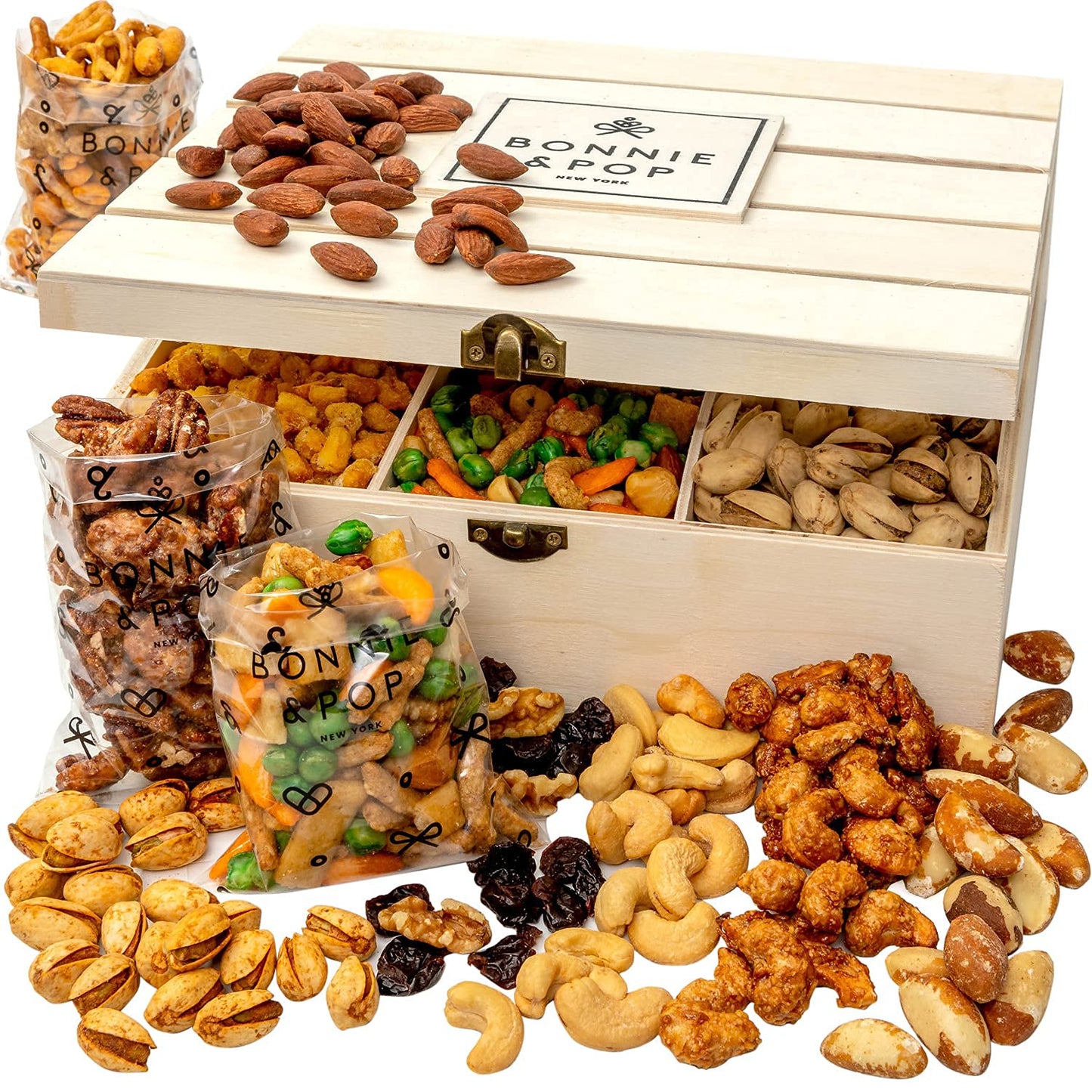 Christmas Nut Gift Basket | Healthy Holiday Gift of Assorted Nuts in Reusable Wood Crate | Large Variety Tray with Unique Flavors | Parties, Holidays, Birthday, Sympathy, Office, Thank You, Him, Her | Bonnie & Pop