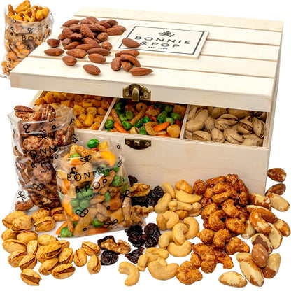 Christmas Nut Gift Basket | Healthy Holiday Gift of Assorted Nuts in Reusable Wood Crate | Large Variety Tray with Unique Flavors | Parties, Holidays, Birthday, Sympathy, Office, Thank You, Him, Her | Bonnie & Pop
