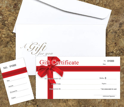 IMPACTONLINEPRINTING Blank Gift Certificates 25set, gift certificate for business, Gift-RED-RIBBON-PP, Comes with matching Envelopes, Sequential Numbering Printing