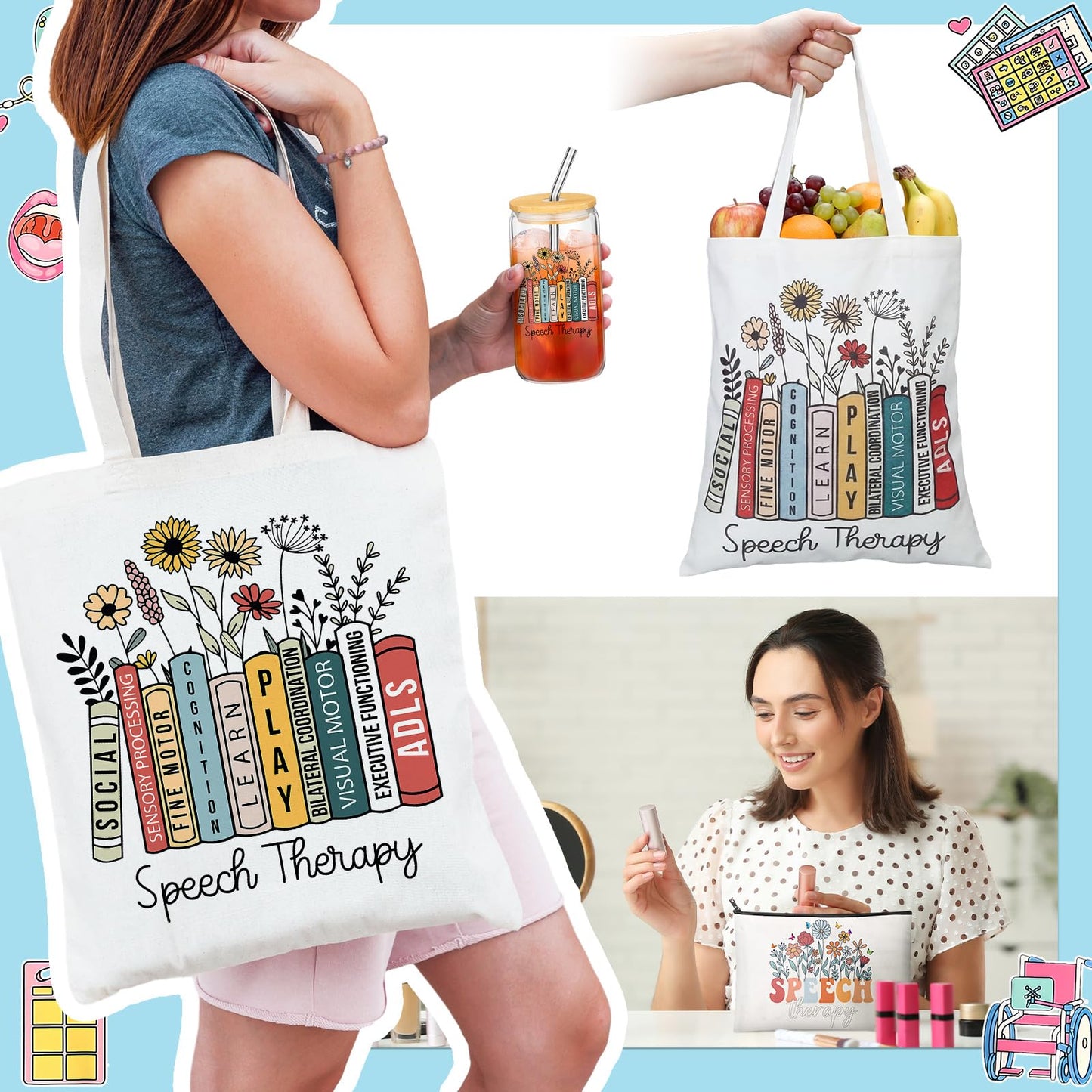 Remerry 12 Pcs Speech Language Pathologist Gifts for Women SLP Appreciation Gifts Set Includes Tote Bag Cosmetic Bag Glass Cup Candle Notebook Bracelet Badge Holder for Graduation Teacher Coworker