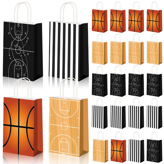 Tosstuki 24 Pcs Basketball Gift Bags with Handles Basketball Party Favor Goodie Gift Candy Treat Snack Bags with 4 Different Types for Sports Theme Birthday Party Supplies