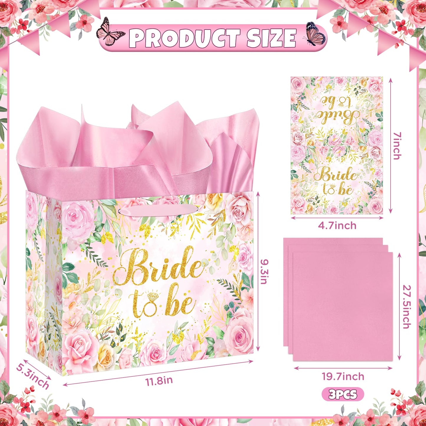 Yomaiha Bride Gift Bag Floral Bridal Shower Gift Bag with Card and Tissue Paper, Bridal Shower Gift Wrapping Paper Bag for Engagement Bride to Be Wedding Party, Bachelorette Party Supplies
