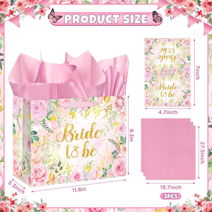 Yomaiha Bride Gift Bag Floral Bridal Shower Gift Bag with Card and Tissue Paper, Bridal Shower Gift Wrapping Paper Bag for Engagement Bride to Be Wedding Party, Bachelorette Party Supplies