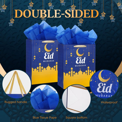 Crtiin 12 Pack Eid Mubarak Gift Bags with Handle 13" Large Paper Eid Gift Bags with Tissue Paper Eid Mubarak Bags Ramadan Gift Bags Eid Goodie Bags Muslim Ramadan Gift Bags for Eid Party Supplies