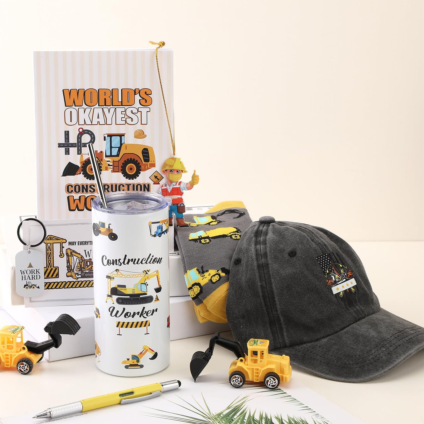 Patelai 9 Pcs Construction Worker Christmas Gifts for Men Include 16 oz Tumbler Coffee Mug Multi-tool Pen Baseball Hat Socks Notebook Keychain Pendant for Father Boyfriend Birthday Gift