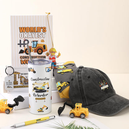 Patelai 9 Pcs Construction Worker Christmas Gifts for Men Include 16 oz Tumbler Coffee Mug Multi-tool Pen Baseball Hat Socks Notebook Keychain Pendant for Father Boyfriend Birthday Gift