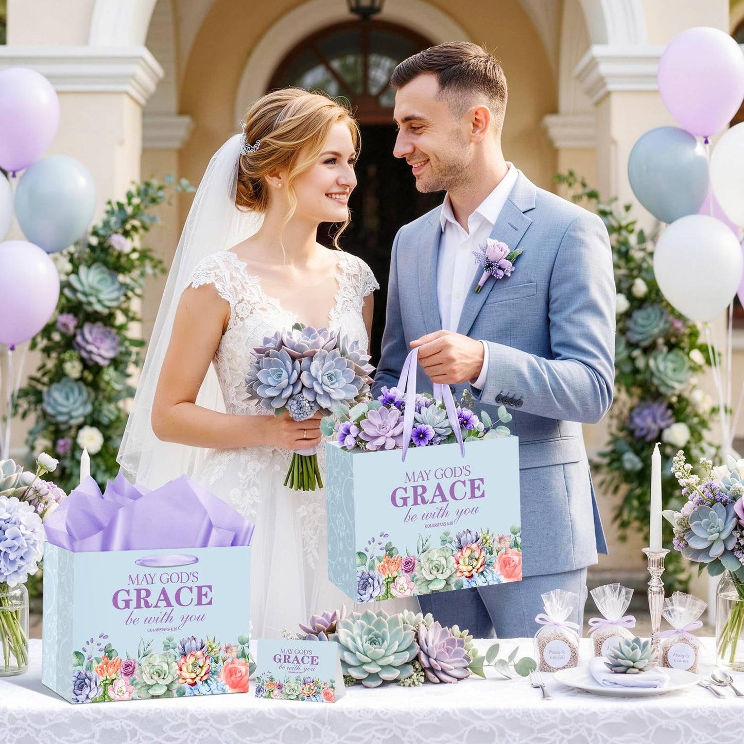 Christian Art Gifts Bag with Card & Purple Tissue Papers,Scripture Gift Bag,May God's Grace Be With You Scripture Gift Bag with Bible Verse for Mother's Day,Baptism,Wedding,Christian Goodie Treat Bag