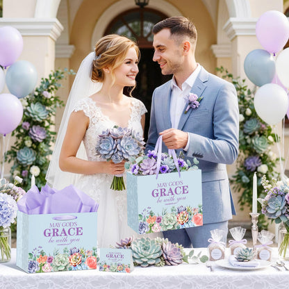 Christian Art Gifts Bag with Card & Purple Tissue Papers,Scripture Gift Bag,May God's Grace Be With You Scripture Gift Bag with Bible Verse for Mother's Day,Baptism,Wedding,Christian Goodie Treat Bag