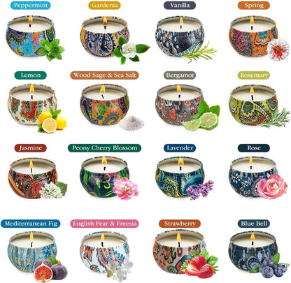 Howemon Scented Candles Gift Set, Natural Soy Wax Portable Travel Tin with Strongly Fragrance Essential Oils for Stress Relief and Aromatherapy - 16 Pack