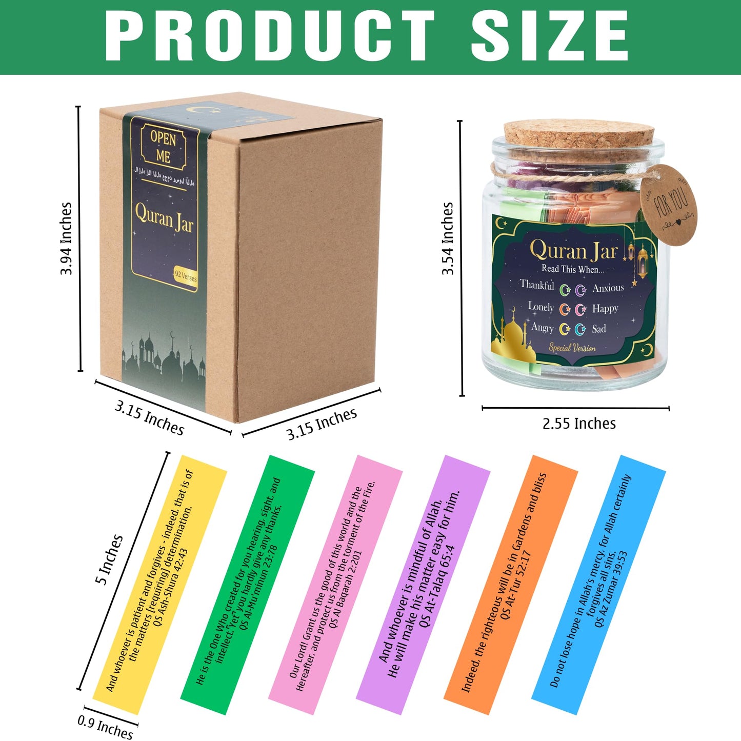 92 Quran Verse Jar - Islamic Decor & Gift Set, Small Quran Verses for Eid, Muslim Gifts for Men & Women, Islam Home Decoration, Spiritual Ramadan Gift