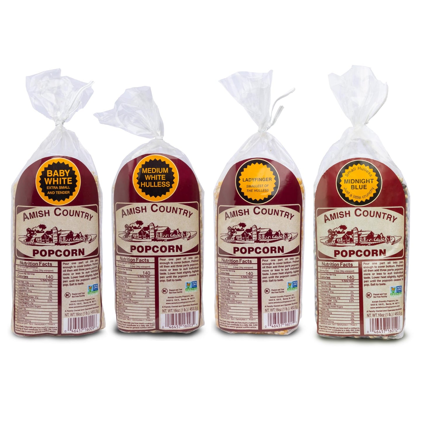 Amish Country Popcorn | 4-1lb Bags | Variety Pack | 1 lb each (Baby White - Medium White - Ladyfinger and Midnight Blue Popcorn Kernels) | Old Fashioned, Non-GMO and Gluten Free (4-1lb Bags)
