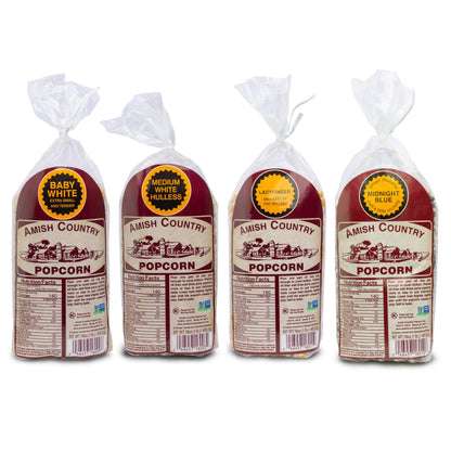 Amish Country Popcorn | 4-1lb Bags | Variety Pack | 1 lb each (Baby White - Medium White - Ladyfinger and Midnight Blue Popcorn Kernels) | Old Fashioned, Non-GMO and Gluten Free (4-1lb Bags)