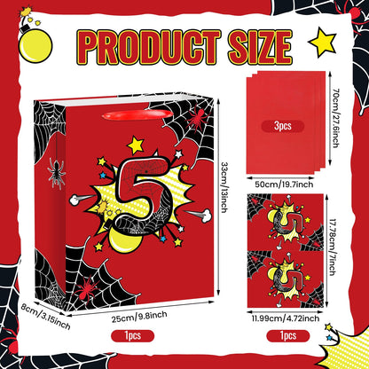 Spider 5th Birthday Gift Bag with Tissue Paper and Card Black Red Spider Web Birthday Gift Wrapping Paper Bag 5 Years Old Treat Candy Bags with Handle for Kids Baby Shower Bday Party Decorations