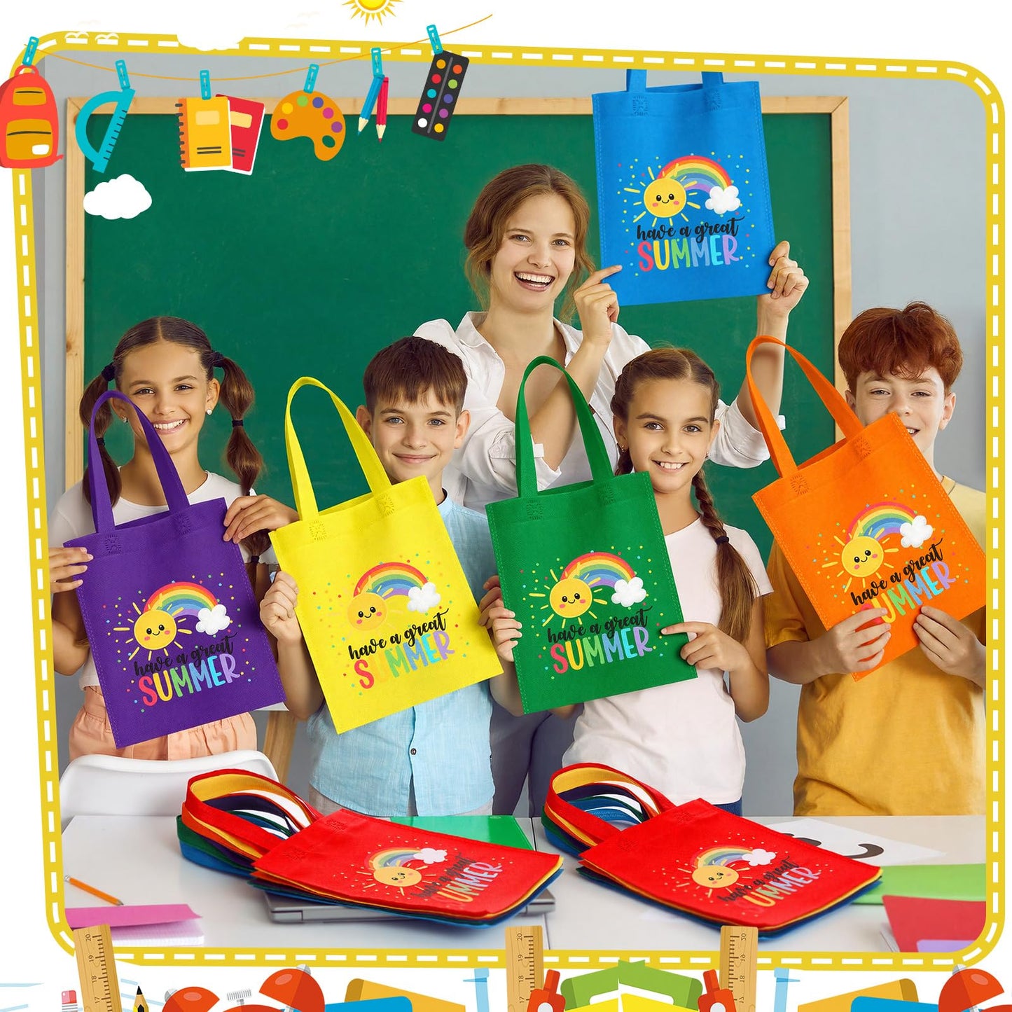 Dansydaisy End of the Year Gift Bags for Students Bulk Rainbow Non Woven Tote Bags Party Favor Bag with Handles for Sunday School Gift Teacher Appreciation Graduation Party Supplies