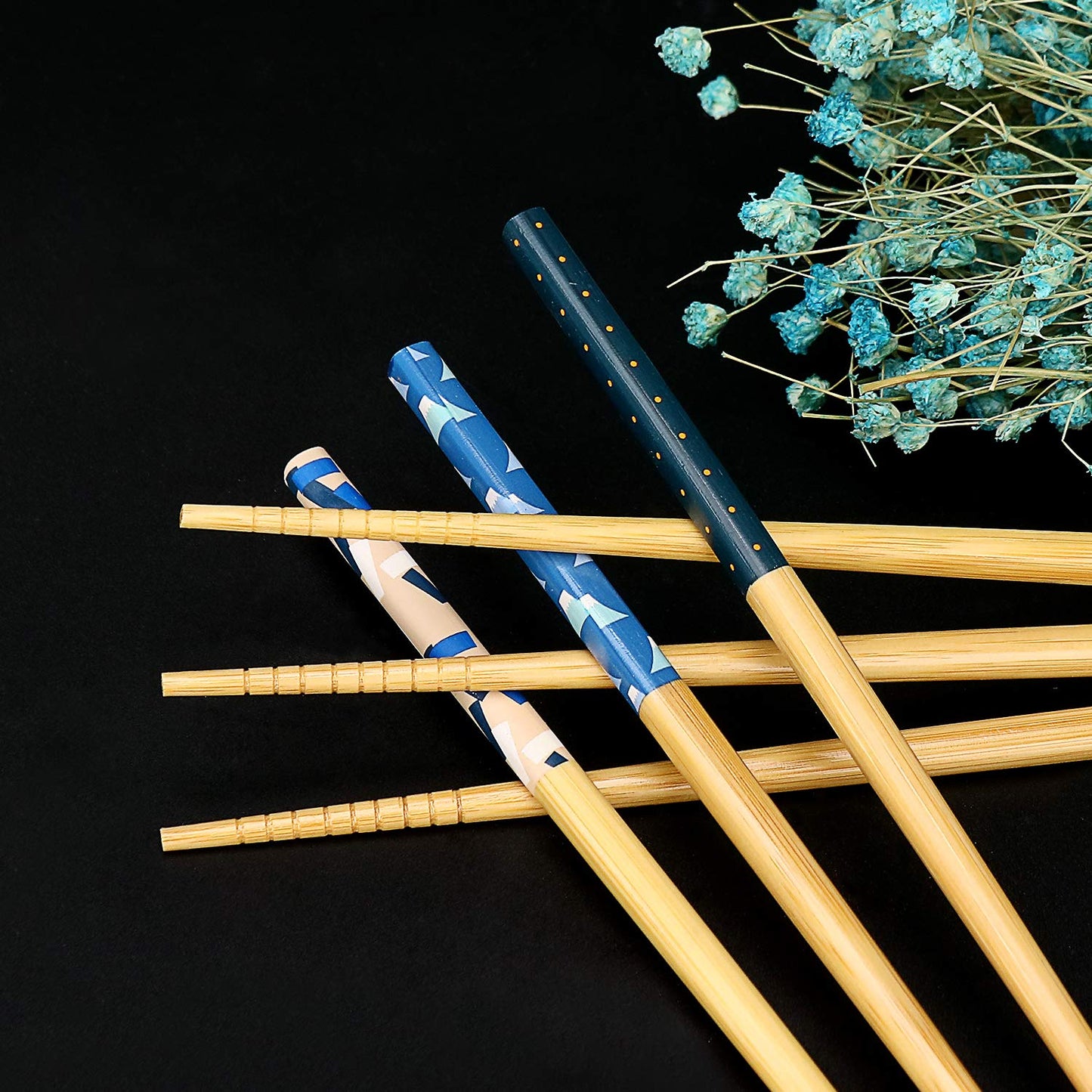 5 Pairs Japanese Natural Bamboo Chopsticks with Unique Pattern Dishwasher Safe, Reusable Non-Slip Chopstick Gift Set for Asian Dishes Sushi Rice Noodles, Nicely Boxed Chinese Chop Sticks Functional