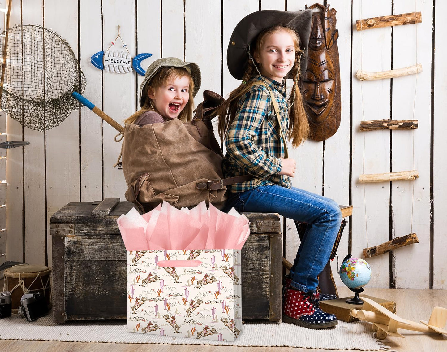 Linelglobal Large Cowgirl Gift Bag with Tissue Ppaer for Women Girl Birthday Western Theme Party Rodeo Stuffer 12.6"