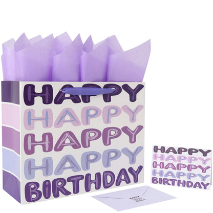 Qirrmiy 13'' Large Purple Happy Birthday Gift Bag Set with Handles, Greeting Card, Tissue Papers and Stickers for Women Girls Kids Teens, Words Design, 1 Pcs