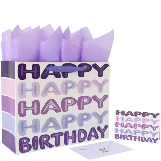 Qirrmiy 13'' Large Purple Happy Birthday Gift Bag Set with Handles, Greeting Card, Tissue Papers and Stickers for Women Girls Kids Teens, Words Design, 1 Pcs