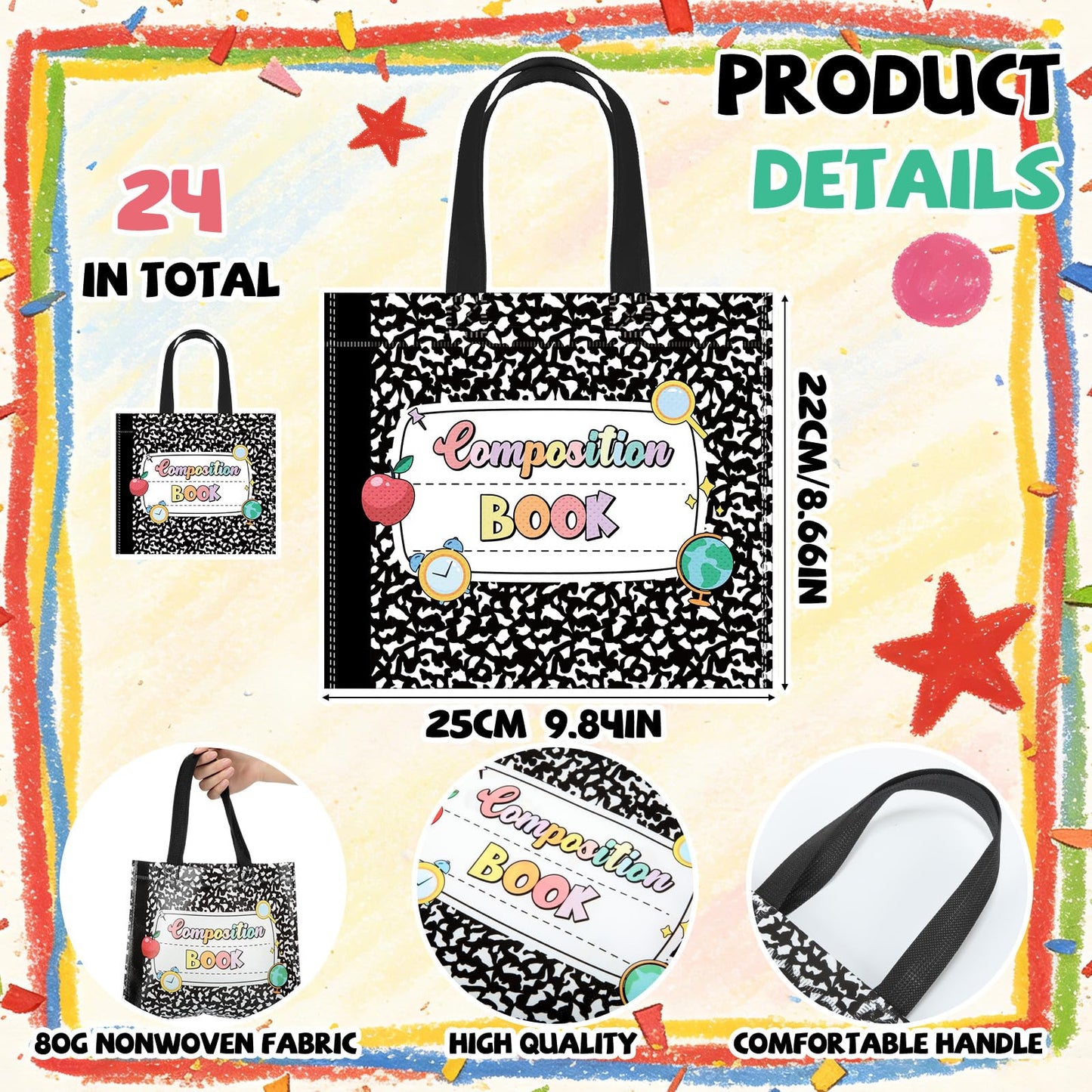 Cosblank 24 Pcs Teacher Appreciation Gift Bags Composition Notebook Non Woven Back to School Gift Bags with Handle Candy Treat Thank You Party Favors Supplies for Graduation Wrapping Supplies
